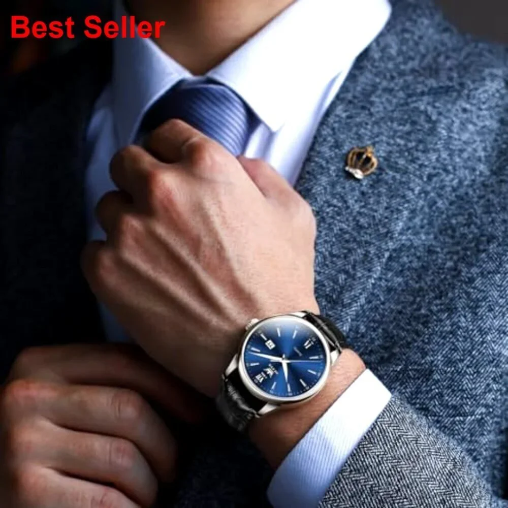 Men's Waterproof Analog Watch with Leather Band Roman Numerals